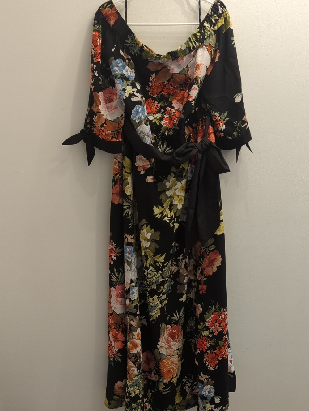 eshakti Dark Black Floral Off-Shoulder Maxi Dress with Tie Sash, 1X/18w